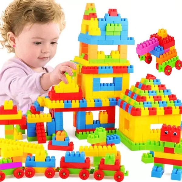 Kids Building Blocks Unbreakable Toy Set - 92 pcs + 8 Tyres, Multicolour
